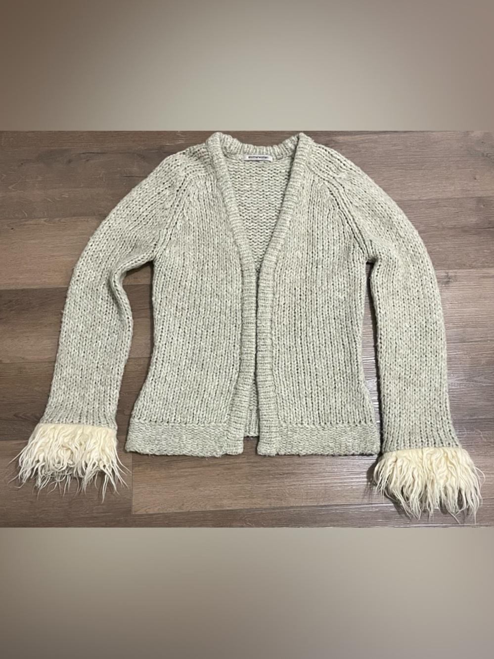 Whimsigoth 90s Y2K Grey Chunky Crochet Knit Cardigan Sweater Faux Fur Fringe
